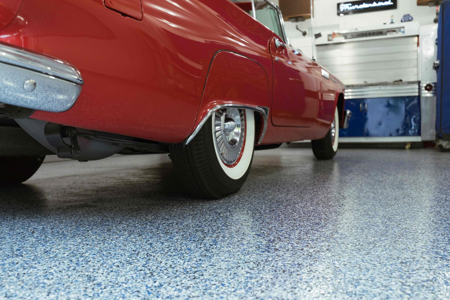 Classic Red Ford on Professional Concrete Coating