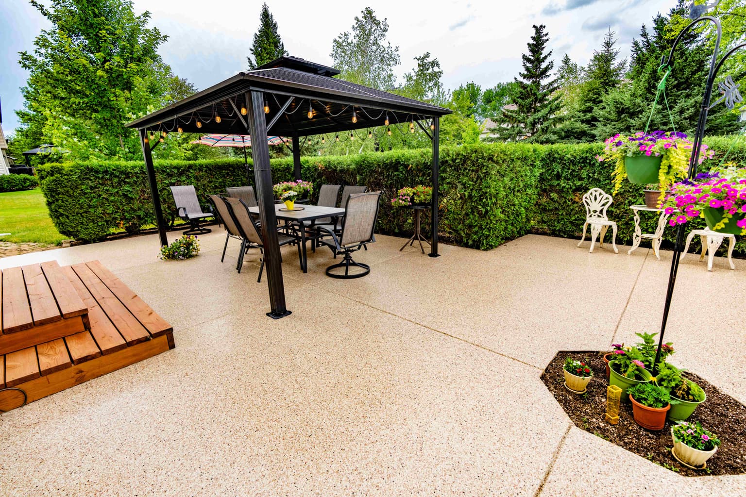 Elegant gazebo patio with decorative concrete scoring